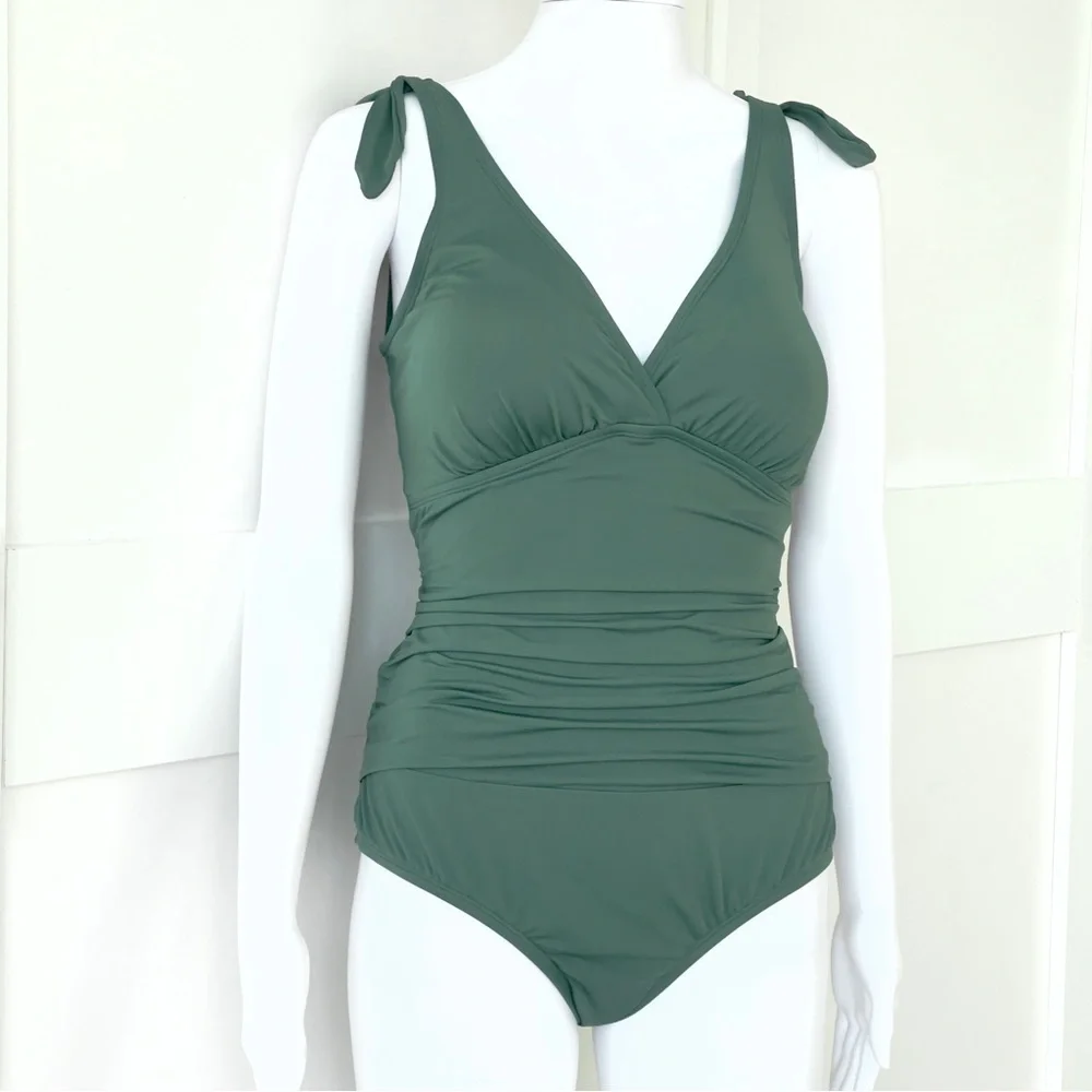 JANTZEN One Piece Surplice Swimsuit Solid Green Lined Stretch Tummy Friendly - Picture 4 of 9